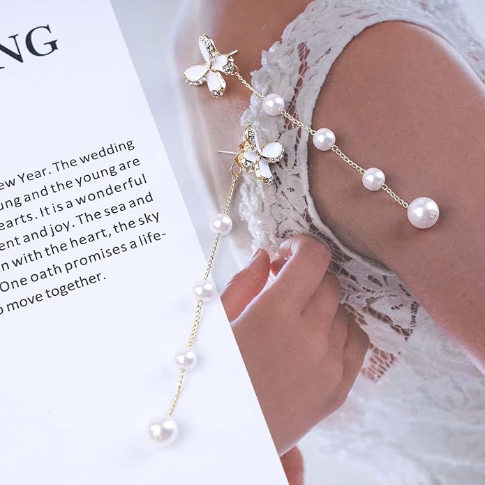 Vintage Crystal Butterfly Pearl Earrings Long