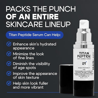 Titan High Potency Anti Aging Peptide Serum for Face - Men's Gentle Multi Peptide Moisturizer with Hyaluronic Acid, 5% Niacinamide, Vitamin C, Vitamin E, and Ceramides - Unscented, 1 Fl Oz