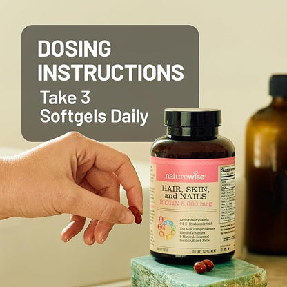 NatureWise Hair Skin and Nails Vitamin, Biotin 5000mcg w/Hyaluronic Acid, Collagen for Women with C, B Complex, D3, A, E, Iron - Non-GMO, Gluten Free - 540 Softgels[6-Month Supply]