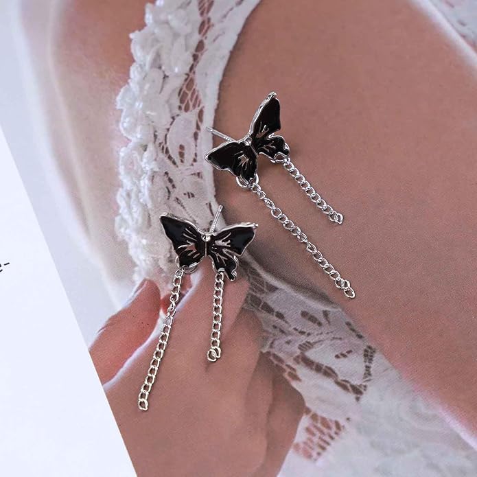 Vintage Butterfly Stud Earrings Silver Chain