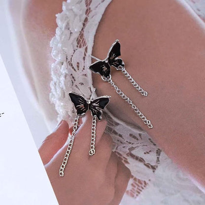 Vintage Butterfly Stud Earrings Silver Chain