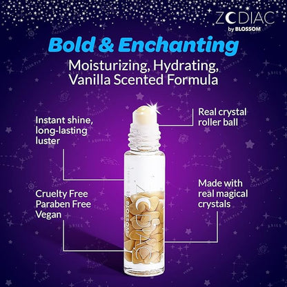 Blossom Zodiac Sign Vanilla Scented Moisturizing Roll-On Lip Gloss with Crystals, Made in USA, 0.20 fl. oz./5.9ml, Gemini