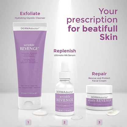 DERMAdoctor Wrinkle Revenge Dermatologist Formulated Anti Aging Hyaluronic Acid Serum for Face, Hydrating Serum, Wrinkle Filler & Hydrating Primer Fragrance Free - 1 fl oz