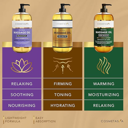 Cosmetasa Body Massage Oil for Massage Therapy Kit - Arnica Sore Muscle Massage Oil, Cellulite Massage Oil, Lavender Massage Oil, Skin Massage Roller Ball, Massager Mitt - Relaxing Luxury Spa Gift Set