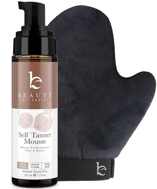 Self Tanner Tanning Mousse Kit - USA Made with Natural & Organic Ingredients, Self Tanner Mousse and Mitt, Self Tan Kit, Fake Tan Tanning Foam, Fair to Medium Sunless Tanner, Self Tanners Best Sellers