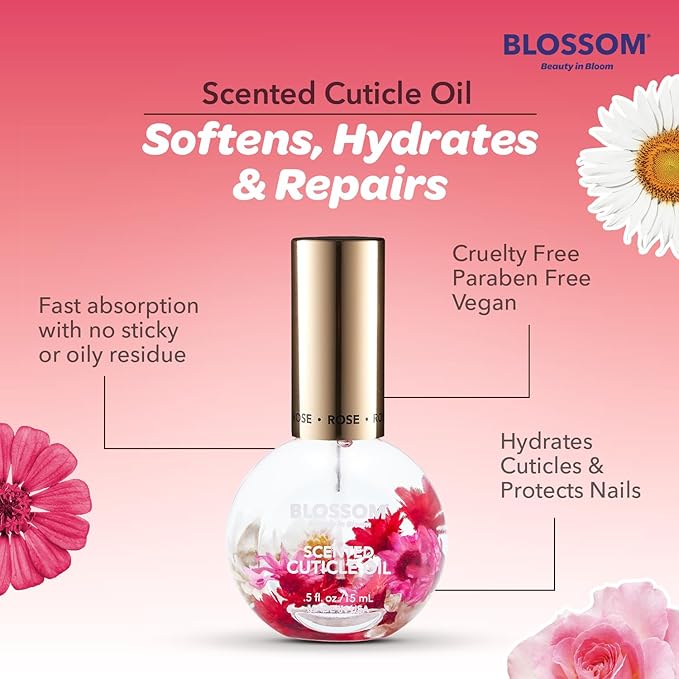 Blossom Hydrating, Moisturizing Scented Cuticle Oil, Scented Color Change Lip Balm, Roll on Lip Gloss, Infused with Real Flowers, 0.7 fl. oz/15mL, 3 Pack Gift Set, Rose/Pink/Strawberry