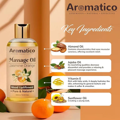 AROMATICO Massage Oil with Jasmine & Orange Essential Oils. Natural Power of Sesame, Almond & Jojoba Oils. Full Body Massage Oil for Relaxtion. for Men & Women - 10 Fl Oz