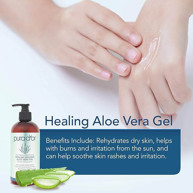 PURA D'OR ORGANIC Aloe Vera Gel Lavender (16 Oz X 3) All Natural - ZERO Artificial Preservatives - Deeply Hydrating & Moisturizing - Sunburn, Bug Bites, Rashes, Small Cuts, Eczema Relief - Skin & Hair