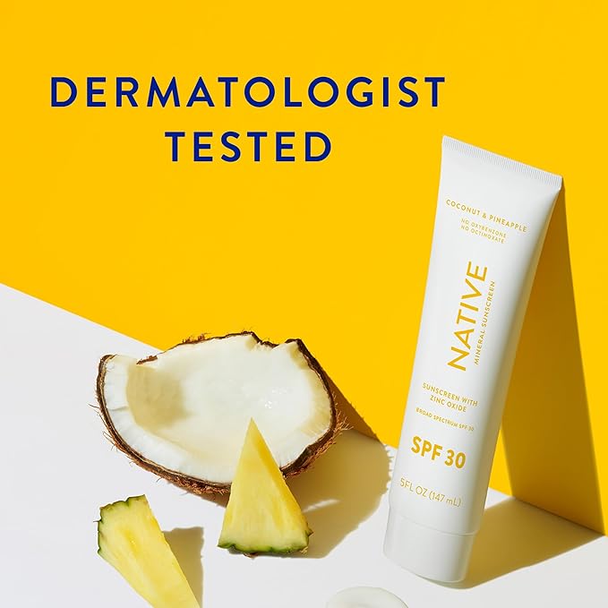 Native Sunscreen SPF 30, Zinc Oxide Dermatologist Tested Suitable for Sensitive Skin & Hawaii Compliant, 5 Ounces | Pineapple & Coconut Scent Sun Protection Lotion, Lightweight & Smooth