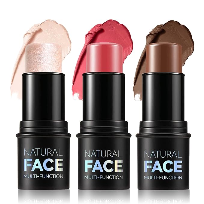 3PCS Cream Contour Stick Makeup Kit Face Highlighter Rose+06 Espresso)