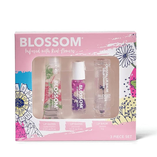 Blossom Moisturizing Lip Gloss Tubes, Roll on Lip Gloss, Scented Color Change Lip Balm, Infused with Real Flowers, 0.7 fl. oz/15mL, 3 Pack Gift Set, Watermelon/Coconut/Purple