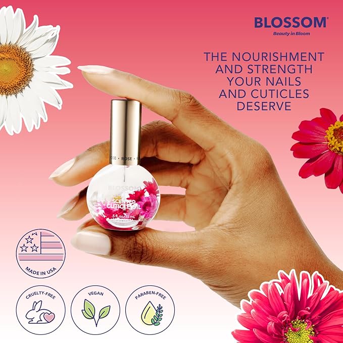 Blossom Hydrating, Moisturizing Scented Cuticle Oil, Scented Color Change Lip Balm, Roll on Lip Gloss, Infused with Real Flowers, 0.7 fl. oz/15mL, 3 Pack Gift Set, Rose/Pink/Strawberry