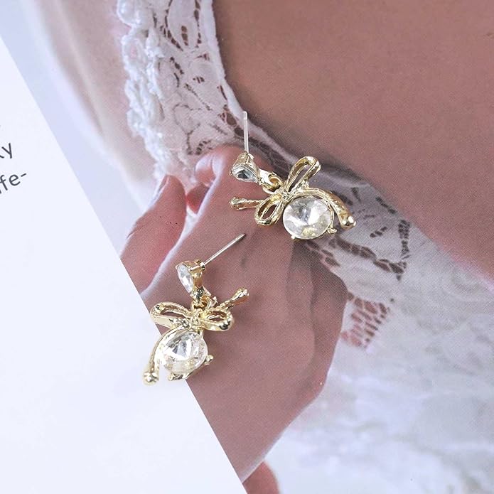 Vintage Rhinestone Bow Drop Earrings Gold Teardrop Crystal