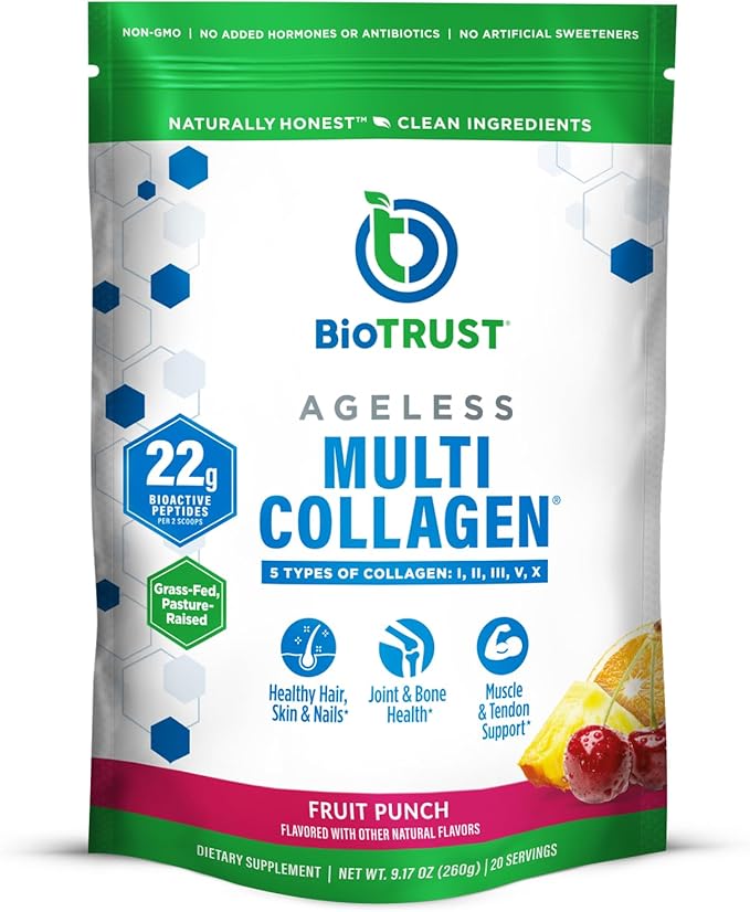 BioTrust Ageless Multi Collagen Peptides Powder – 5 Types (I, II, III, V, X) – Fruit Punch Collagen Powder for Women & Men – Hydrolyzed Protein – Grass Fed Beef, Fish, Chicken, Eggshell Membrane