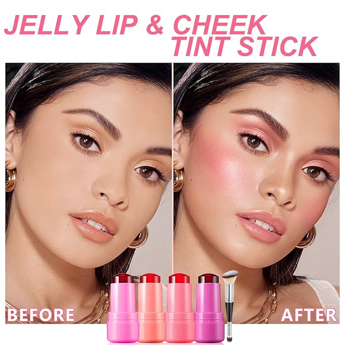 4 Pcs Cooling Water Jelly Tint, Multi-Use Jelly Lip & Cheek Tint Stain, 3-in-1 Milk Jelly Blush Lip Gloss Buildable Watercolor Finish 1,000+ Swipes Per Stick - Cruelty Free (4PCS)