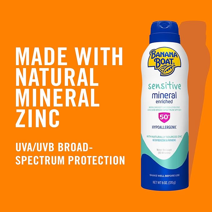 Banana Boat Mineral Enriched Sunscreen, Sensitive Skin, Broad Spectrum Spray, SPF 50, 6oz. - Twin Pack