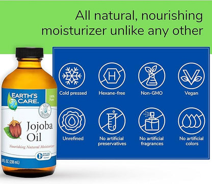Earth’s Care Jojoba Oil - 100% Pure Jojoba Oil for Hair, Skin and Nails - Cold Pressed - Nourishing Natural Moisturizer - 8 FL OZ
