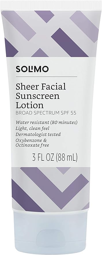 Amazon Brand - Solimo Sheer Face Sunscreen SPF 55, UVA/UVB Protection, Lightweight Water Resistant, Formulated without Octinoxate & Oxybenzone, 3 fl oz (Pack of 1)