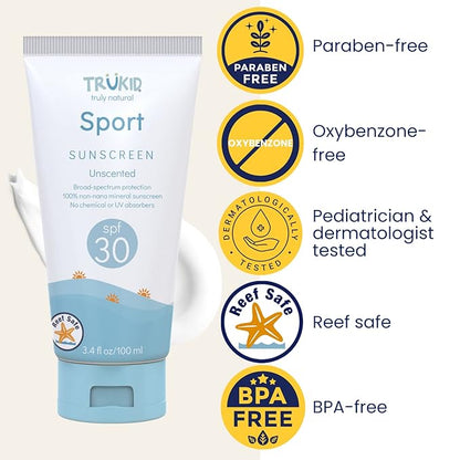 TruKid Sport SPF30 Face Sunscreen Unscented 3.4oz Baby Sunscreen, Natural Ingredients Kids Sunscreen, Reef-Friendly Travel Size Sun Screen, Beach Defense Sunscreen for Kids, Toddlers, Babies & Adults