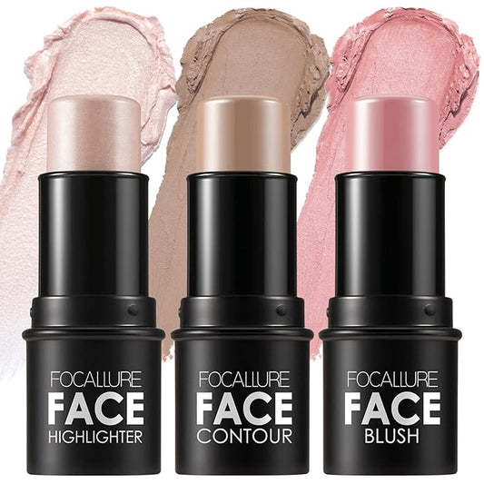 FOCALLURE 3 Pcs Cream Contour Sticks,Shades with Highlighter Finishing Makeup,FAIR