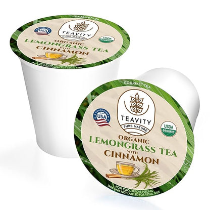 Teavity Organic Lemongrass and Cinnamon Tea Pods for Keurig - Naturally Decaffeinated Herbal Tea Blend (12 Pods)