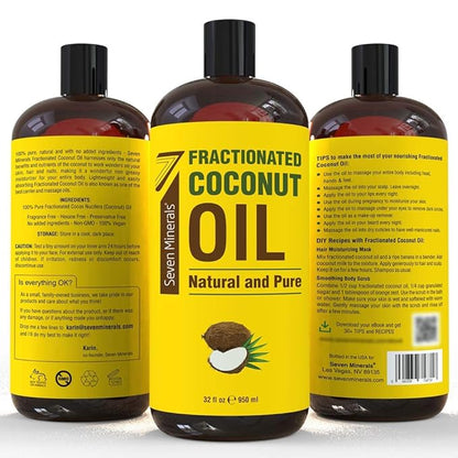 Seven Minerals, Pure Fractionated Coconut Oil - Big 32 fl oz Bottle - Non-GMO, 100% Natural, Lightweight Massage Oil for Massage Therapy on Skin, Hair, More - Perfect Carrier Oil for Essential Oils