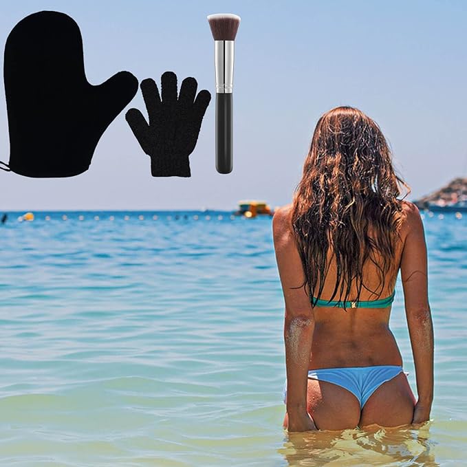 3Pack Self Tanning Mitt Set, 1 Self Tanning Mitt, 1 Self Face Tanning Brush, 1 Exfoliating Glove, Self Tan Kit (3pcs tan applicators)