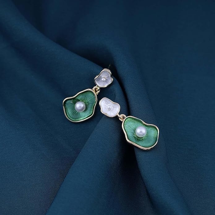Vintage Lotus leaf Pearl Drop Earrings