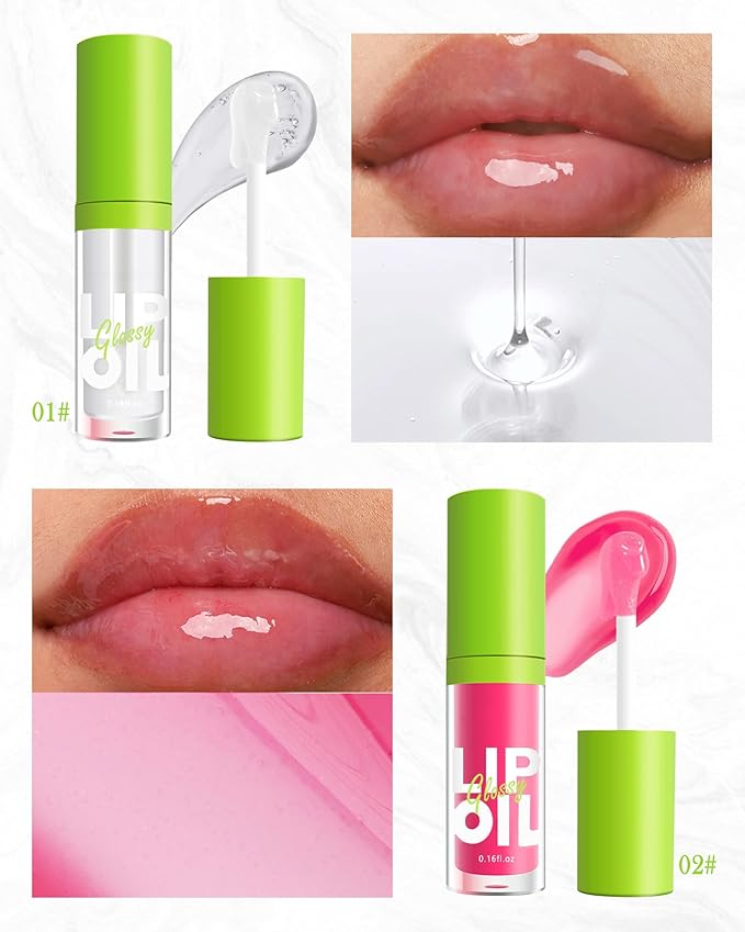 Fat Oil Lip Gloss-2Pcs Hydrating Lip Glow Oil Lipgloss, Tinted Clear Plumping lip Gloss,Pink Plumper Lip Stain Oil, Big Brush Head Lip Glaze,Long Lasting Non-sticky Vegan Glow Reviver Lip Oil Drip-1+2