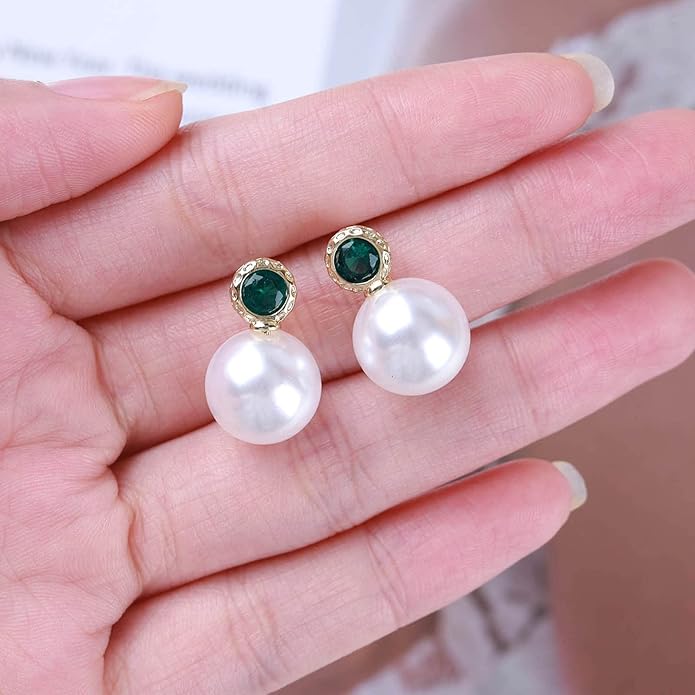Vintage Emerald Pearl Earrings Gold Pearl Drop Earrings