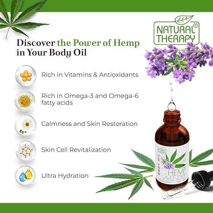 Natural Therapy Hemp & Lavender Body Oil – Moisturizing Body Oil – Hydrate & Soften Skin – Increase Skin Elasticity and Provide Anti-Aging Support (4 Fl.Oz)