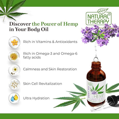 Natural Therapy Hemp & Lavender Body Oil – Moisturizing Body Oil – Hydrate & Soften Skin – Increase Skin Elasticity and Provide Anti-Aging Support (4 Fl.Oz)