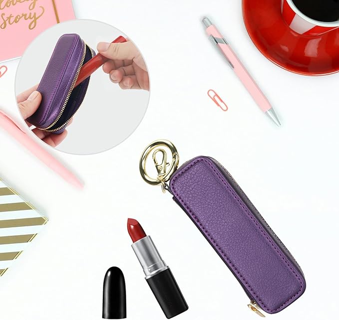 Bocasal Leather Lipstick Case Holder Chapstick Keychain Pouch, Zipper Lip Balm Lip Gloss Bag for Purse with Elastic Band, Makeup Travel Organizer, Cosmetic Storage Kit for Women Girls (Dark Purple)