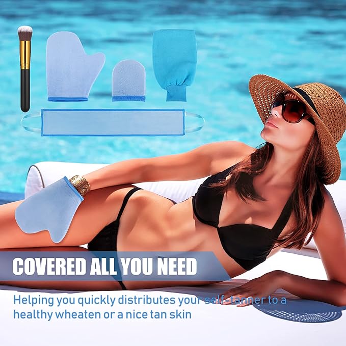 5 Pieces Self Tanning Mitt Applicator Kit, Includes Exfoliating Glove, Tanning Mitt, Mini Face Mitt, Back Lotion Applicator with Self Tanner Brush Large Flat Top Makeup Brush (Blue)