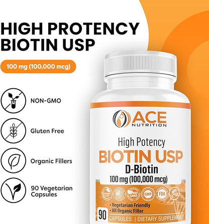High Potency Biotin USP (D-Biotin 100,000mcg) - Superior Biotin, Organic Rice Flour, Vegetarian Capsules For Hair, Skin, & Myelin Health, Made in the USA (100mg/90 Capsules)