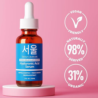 SeoulCeuticals Korean Hyaluronic Acid Serum For Face - High Molecular Weight & Low Molecular Weight Hyaluronic Acid - Centella Serum + Propolis. 1oz