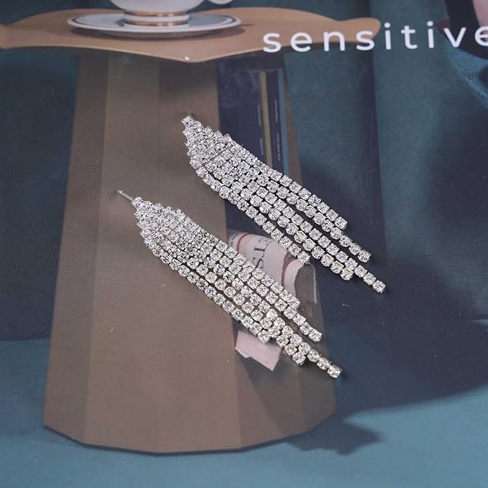 Vintage Rhinestone Chandelier Tassel Earrings Crystal Chain Drop