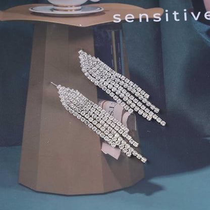 Vintage Rhinestone Chandelier Tassel Earrings Crystal Chain Drop