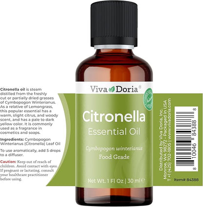 Viva Doria Citronella Essential Oil, 100% Pure, Natural Citronella Essential Oil, Undiluted, for Aromatherapy | Food Grade, 30 mL (1 Fluid Ounce)