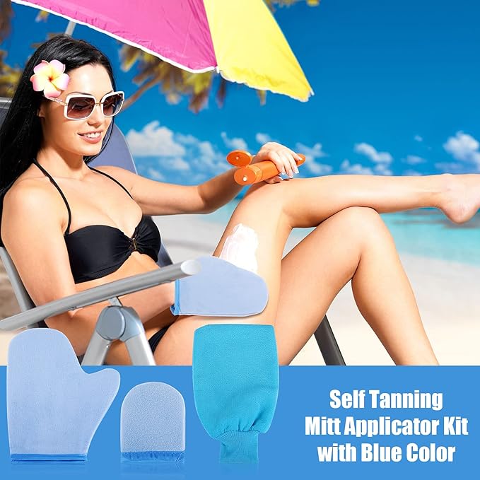 5 Pieces Self Tanning Mitt Applicator Kit, Includes Exfoliating Glove, Tanning Mitt, Mini Face Mitt, Back Lotion Applicator with Self Tanner Brush Large Flat Top Makeup Brush (Blue)