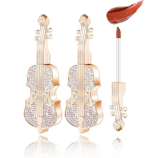 2Pcs Creamy Burnt Red Lipstick Set with Violin Package, Long Lasting Waterproof Velvet Retro Red Lip Gloss, Nice Package for Women Girls