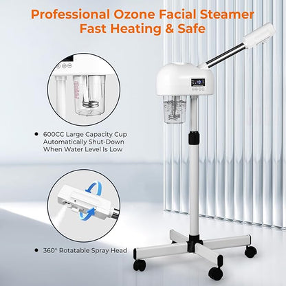 Professional Facial Steamer for Estheticians, Hot Mist & Timer Function, Vaporizador Facial Professional Steamer On Wheels for Home Use & Spa Salon Skin Cleasning