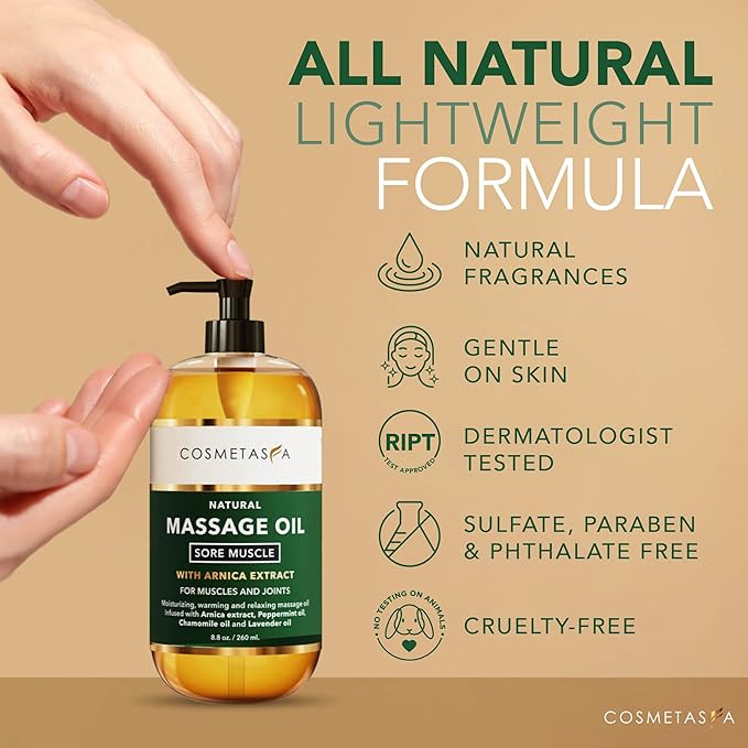 Cosmetasa Sore Muscle Massage Oil with Massage Hot Stones - Soothes Muscle and Joint with Arnica Extract, Peppermint, Chamomile, and Lavender Oil