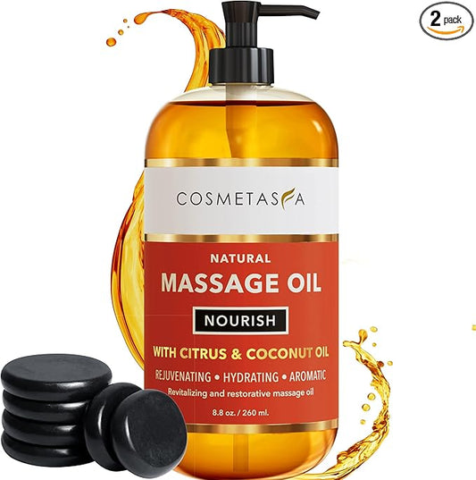 Natural Nourishing Massage Oil with Massage Hot Stones - Therapeutic Citrus & Coconut Massage Oils, Hydrating & Aromatic Essential Oils for Dry Skin, Soothes Muscle & Joints 8.8 oz
