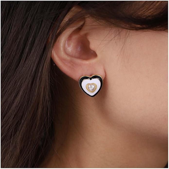 Vintage Pearl Heart Stud Earrings Enamel Heart Earrings