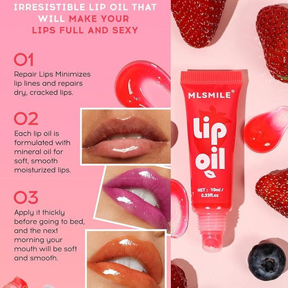 6PCS Fruit Flavored Lip Gloss Set,Long Lasting Moisturizing Nourishing Tinted Lip Oil,Soft Smooth Hydrating Lipstick Lip Gloss,Lip Treatment for Dry Cracked Lips Tinted Lip Balm