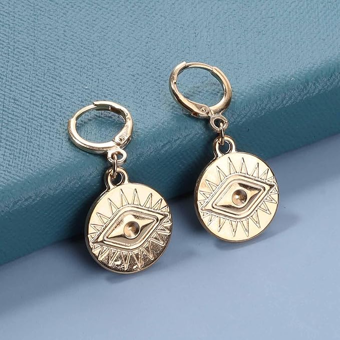 Evil Eye Coin Earrings Gold Disc Drop Earrings