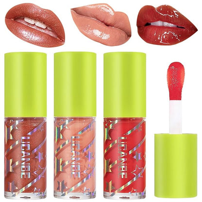 UCANBE 3 Color Hydrating Lip Glow Oil - Shimmering Warm Nude Tinted Lip Gloss (Rosewood/Nude/Strawberry),Non-Sticky Mositurizing Lip Top Gloss for All-Day Wear and Comfort