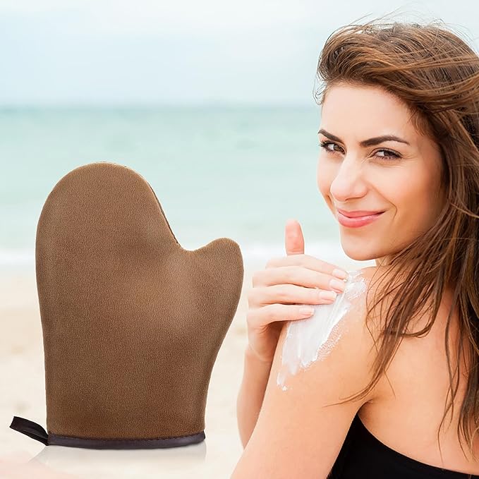 Self Tanning Mitt Applicator Kit, Bronze Tan Self Tanning Mitt Self Tanner Mitt With Thumb Machine Washable and Reusable Back Applicator Mitt, Ultra Soft and Streak Free(Brown)