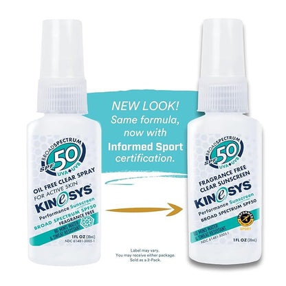 KINeSYS Fragrance Free Clear Spray Sunscreen for sensitive skin, SPF 50, Hypoallergenic, Broad Spectrum UVA/UVB protection Face & Body; PABA and Oxybenzone FREE, 170+ Sprays, 1 Fl Oz/30 ml (Pack of 2)